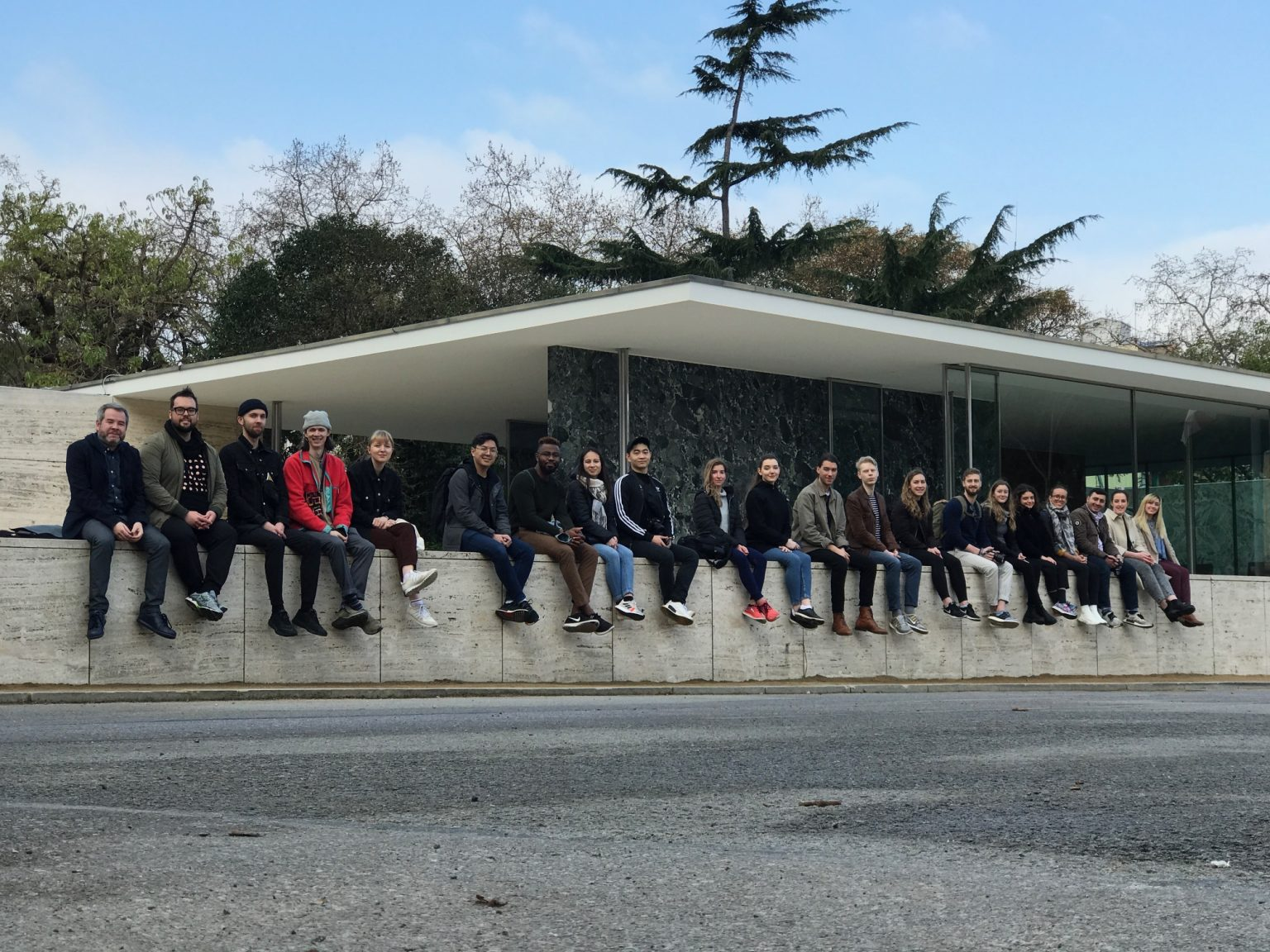 Students outside the Mies van der Rohe Pavilion in Germany.