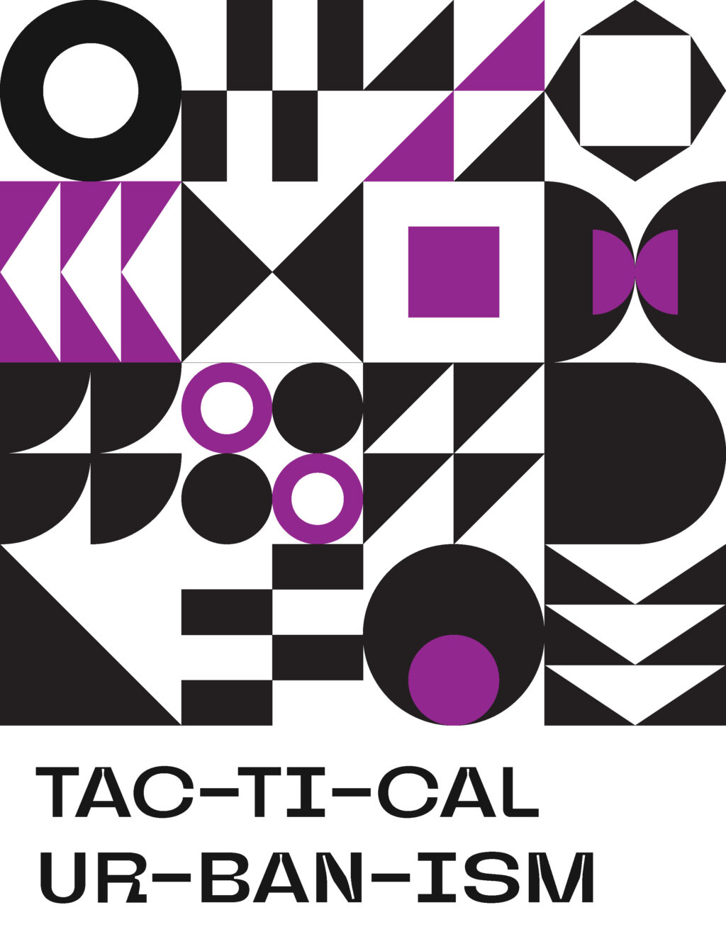 Graphic poster with bold geometric shapes in black and purple, spelling out 