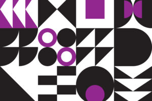 Graphic poster with bold geometric shapes in black and purple, spelling out 