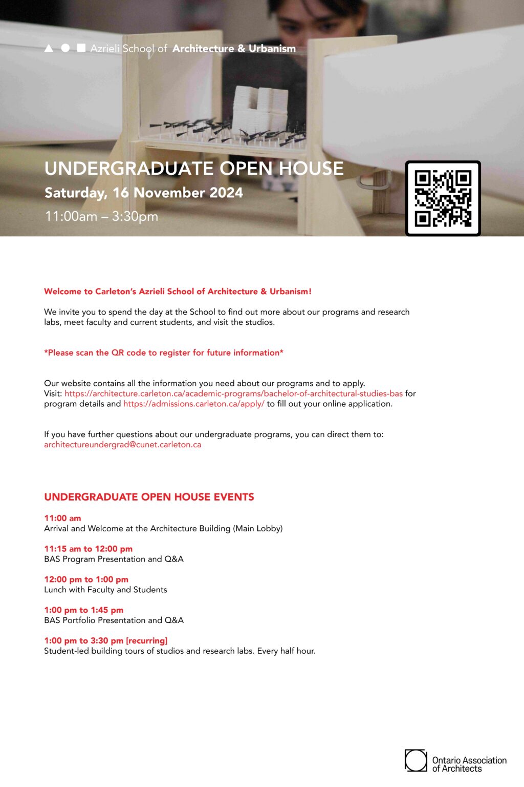 Poster for the Undergraduate Open House at Carleton’s Azrieli School of Architecture & Urbanism, featuring event details, a QR code, and an image of a model.