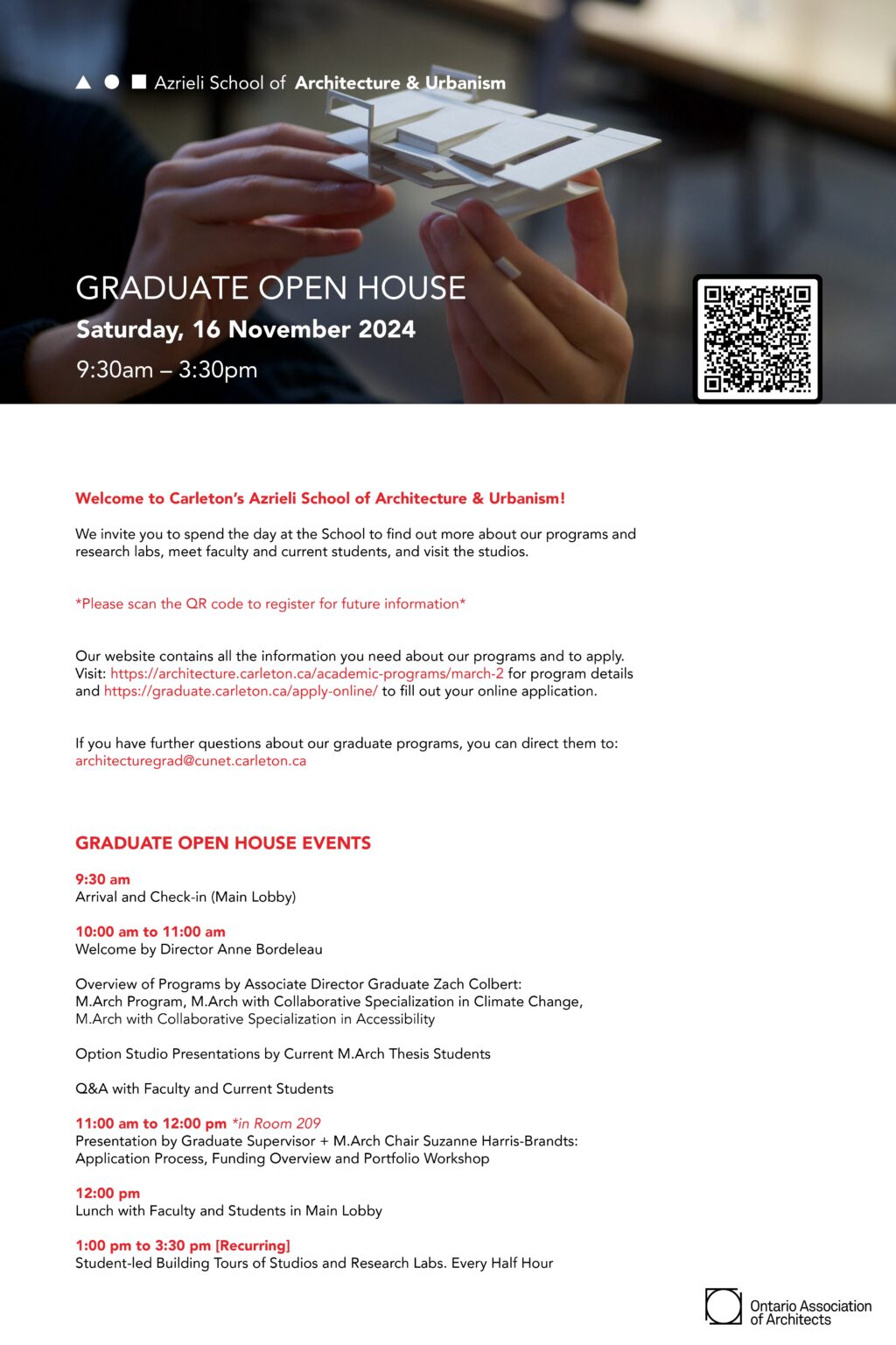 Poster for the Graduate Open House at Carleton’s Azrieli School of Architecture & Urbanism, featuring event details, a QR code, and an image of hands holding an architectural model.