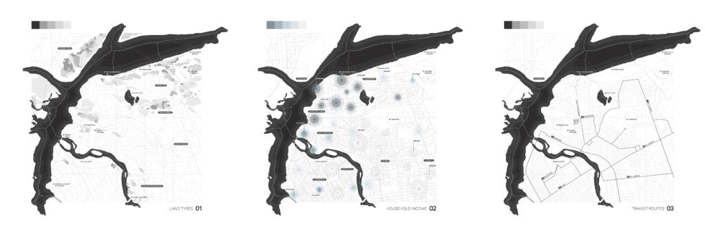 A series of analytical maps depicting land types, household income distribution, and transit routes around the NCC River House and Rockcliffe Park area.