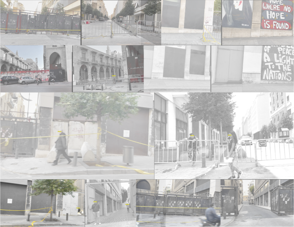 A collage of urban scenes depicting barricades, graffiti, and closed-off streets