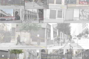 A collage of urban scenes depicting barricades, graffiti, and closed-off streets