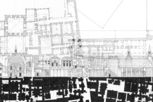 black and white architectural floor plan and section drawing of a classic architecture