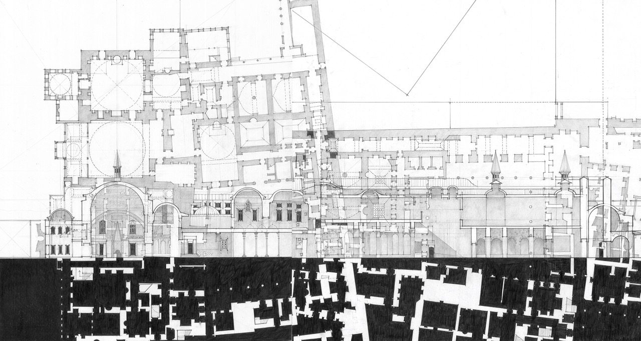 black and white architectural floor plan and section drawing of a classic architecture