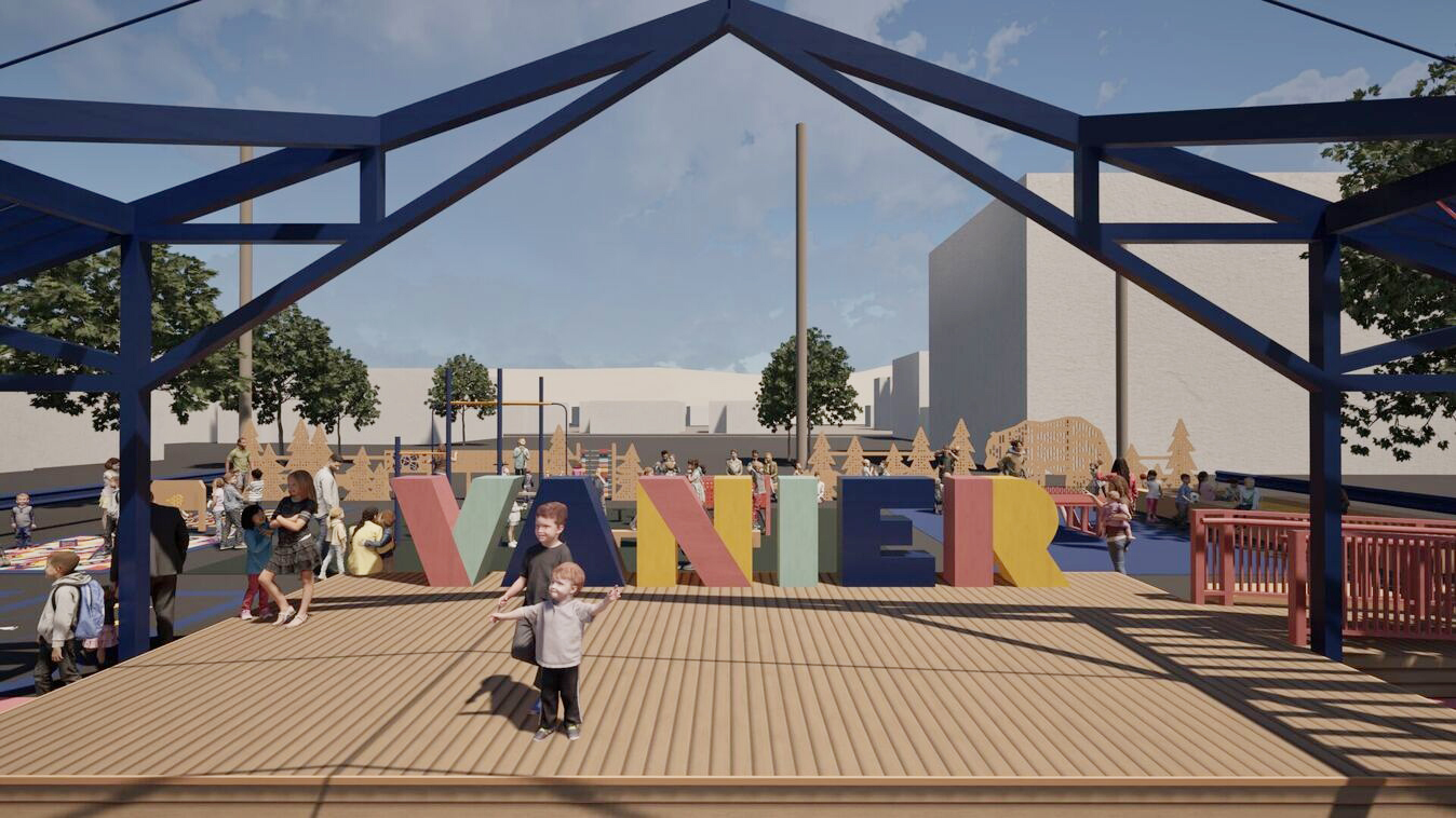 a render of a wooden platform with an installation titled VANIER. 