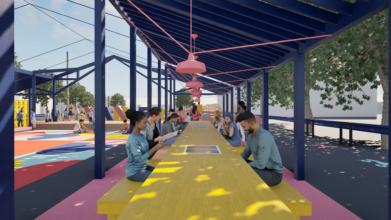 a render of the space to the side of the main place. people are sitting at a long table