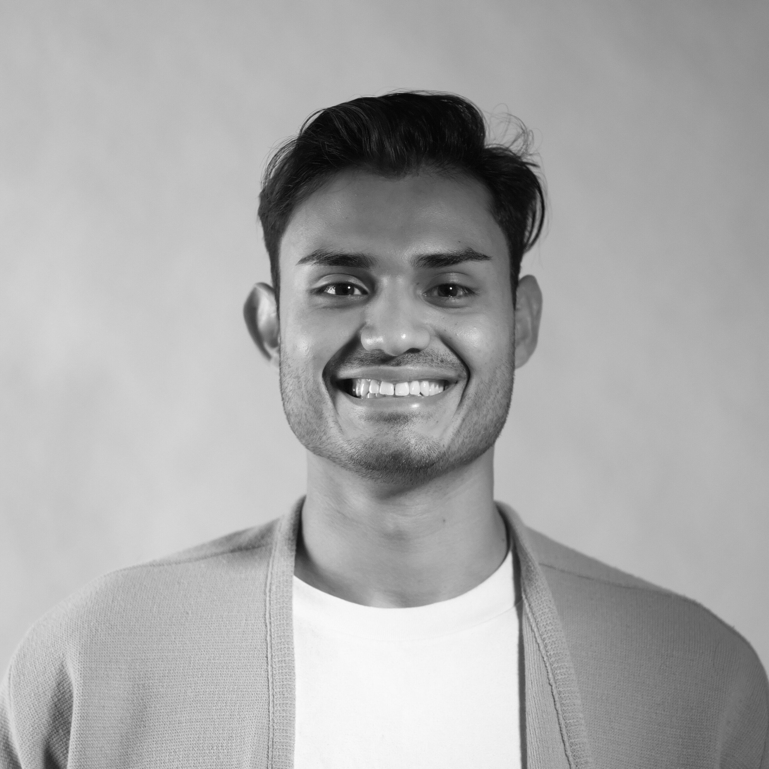 A students headshot. black and white image.