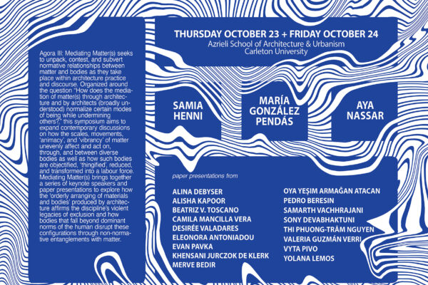 Event poster with blue topographic lines and speaker list