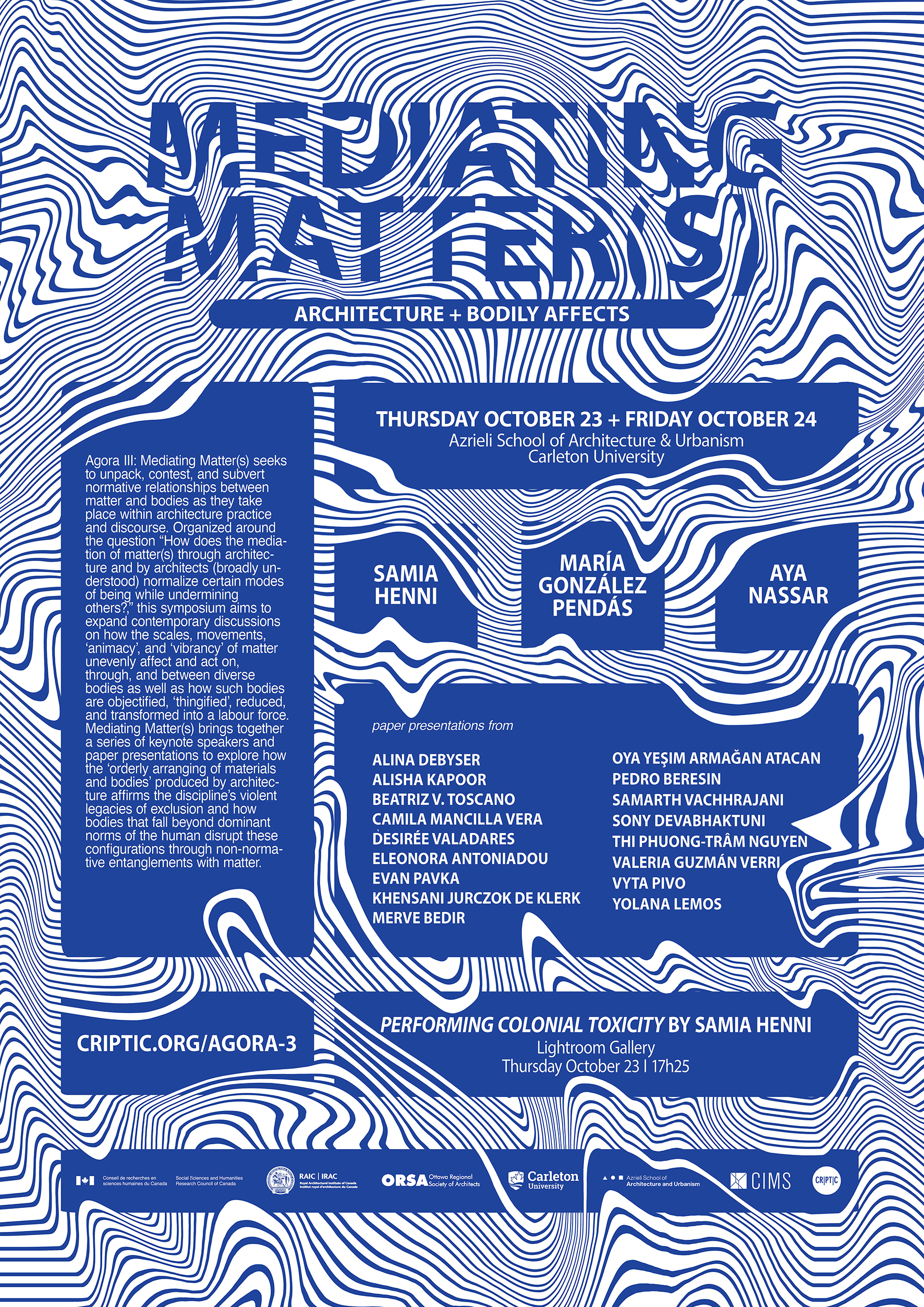 Event poster with blue topographic lines and speaker list
