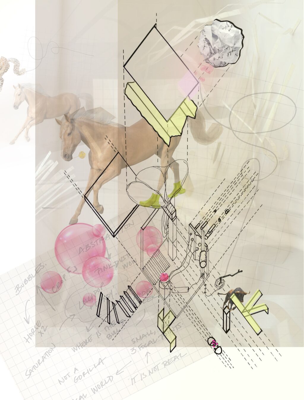 Collage of a horse, pink bubbles, crumpled paper, and axonometric drawing layered over gridded sketch notes.