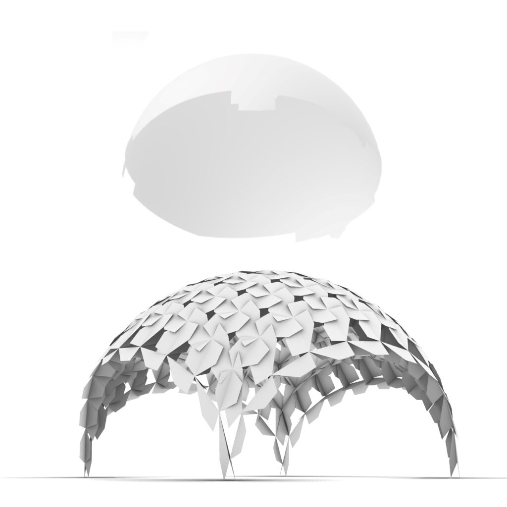 Digital rendering of a dome-shaped structure made of overlapping geometric panels, with a dome floating above.