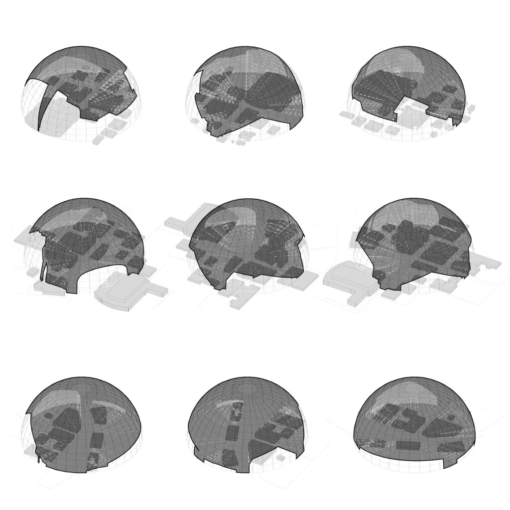 Nine isometric diagrams of dome-like structures showing varying interior layouts and shaded zones in transparent overlays.