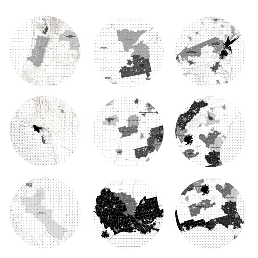 Nine circular maps showing binational territorial divisions and jurisdictions overlaid with directional grid textures.