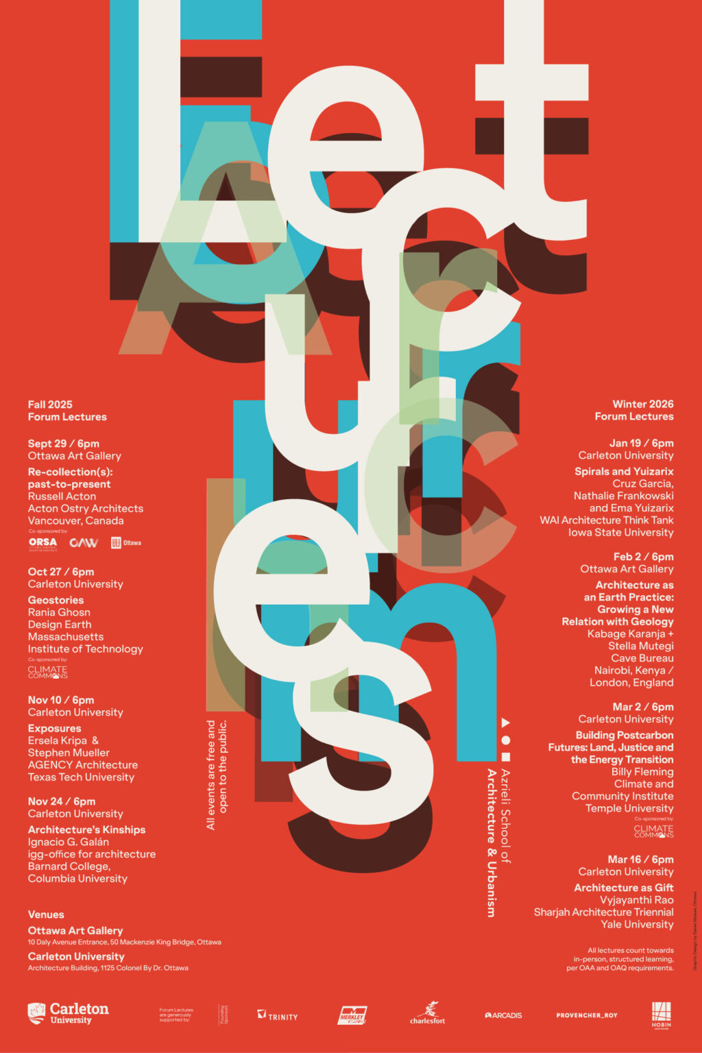 Poster for the 2025–2026 Azrieli School of Architecture & Urbanism Forum Lectures with event details on a red background and overlapping large text.