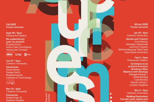 Poster for the 2025–2026 Azrieli School of Architecture & Urbanism Forum Lectures with event details on a red background and overlapping large text.