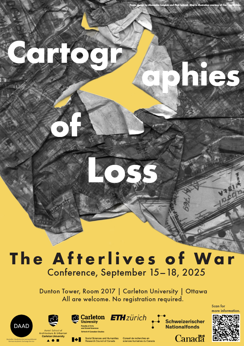 A conference poster with crumpled black and white maps torn open to reveal yellow background and bold text.