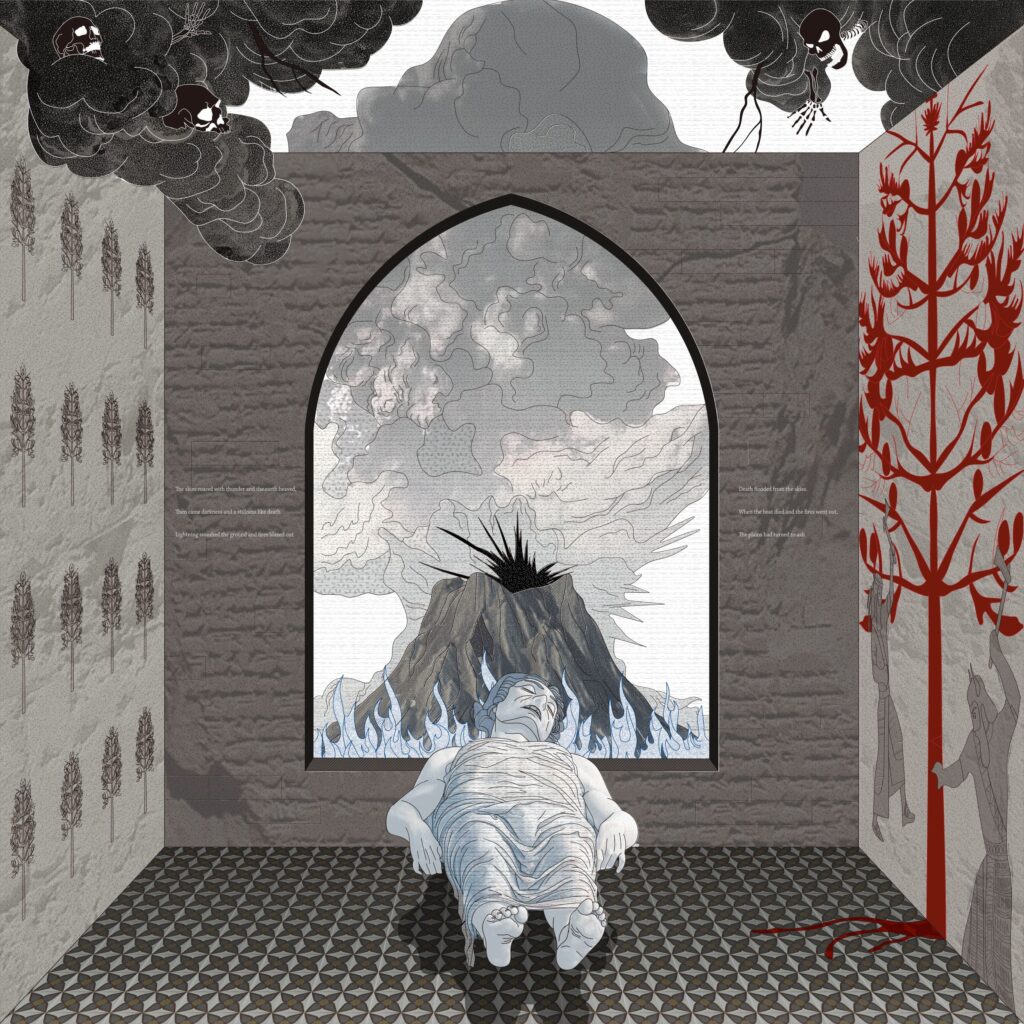 A rendered illustration of a wrapped human figure in patterned room facing smoking volcano through arched window.