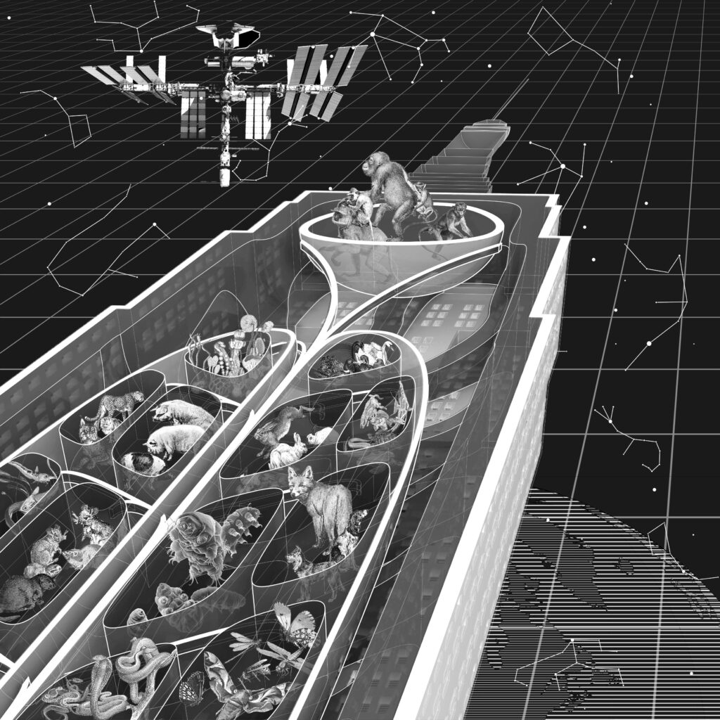 A rendered illustration of spaceship compartments filled with animals float in space under star constellations.