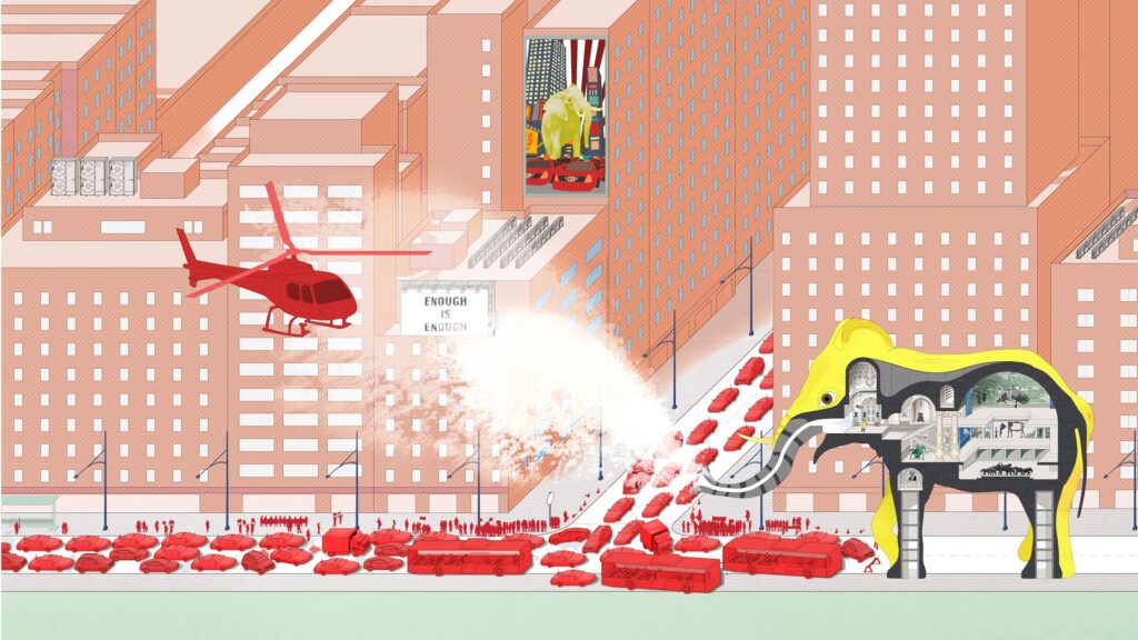 A rendered illustration of a city with red cars and a yellow elephant-shaped building with interiors.