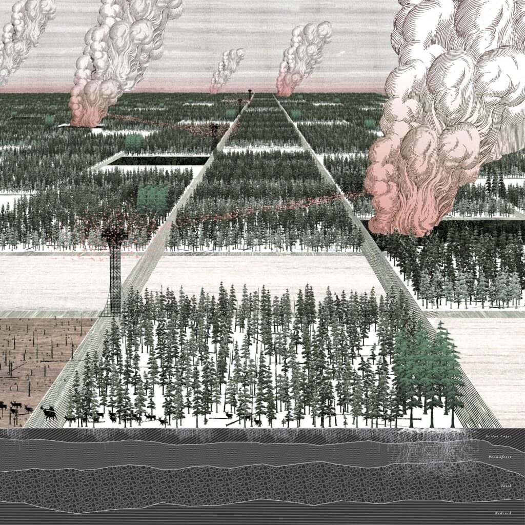 An illustrated rendering of a gridded forest landscape with smoke plumes, fire towers, and labeled geological layers below.