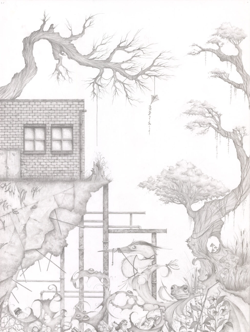 A detailed pencil drawing showing a house, trees, and imaginative creatures symbolizing ecological loss and urban impact.