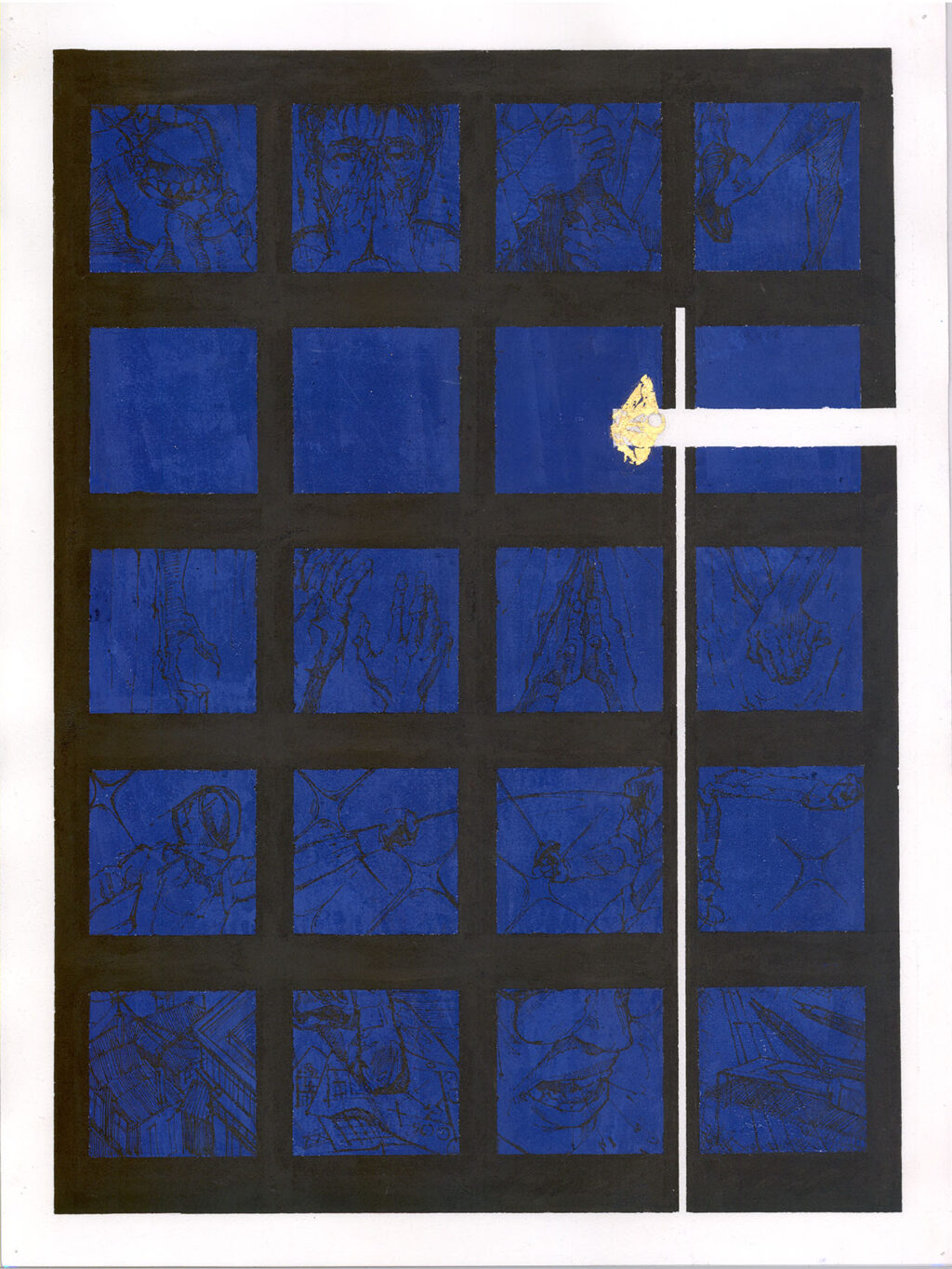 A graphic drawing of blue panels with black outlines, each showing faint sketches, and a small gold figure near the center.