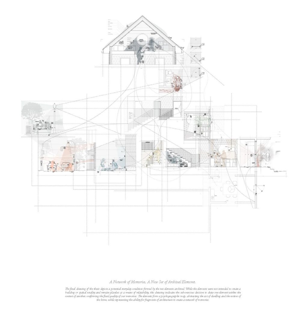 Architectural section drawing showing multiple rooms, staircases, and human figures in muted tones.