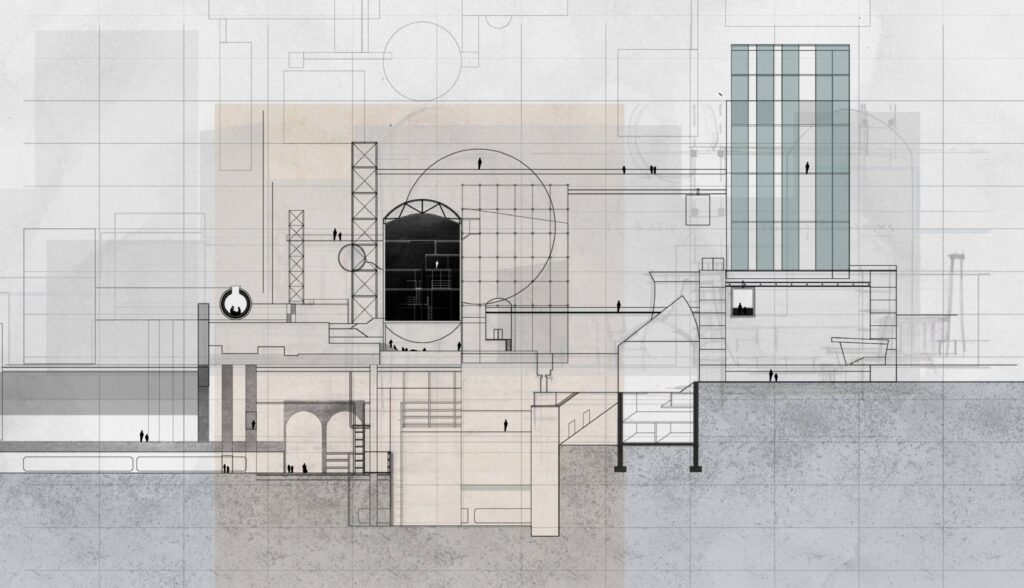 Architectural section drawing with layered structures, grids, and silhouettes of people