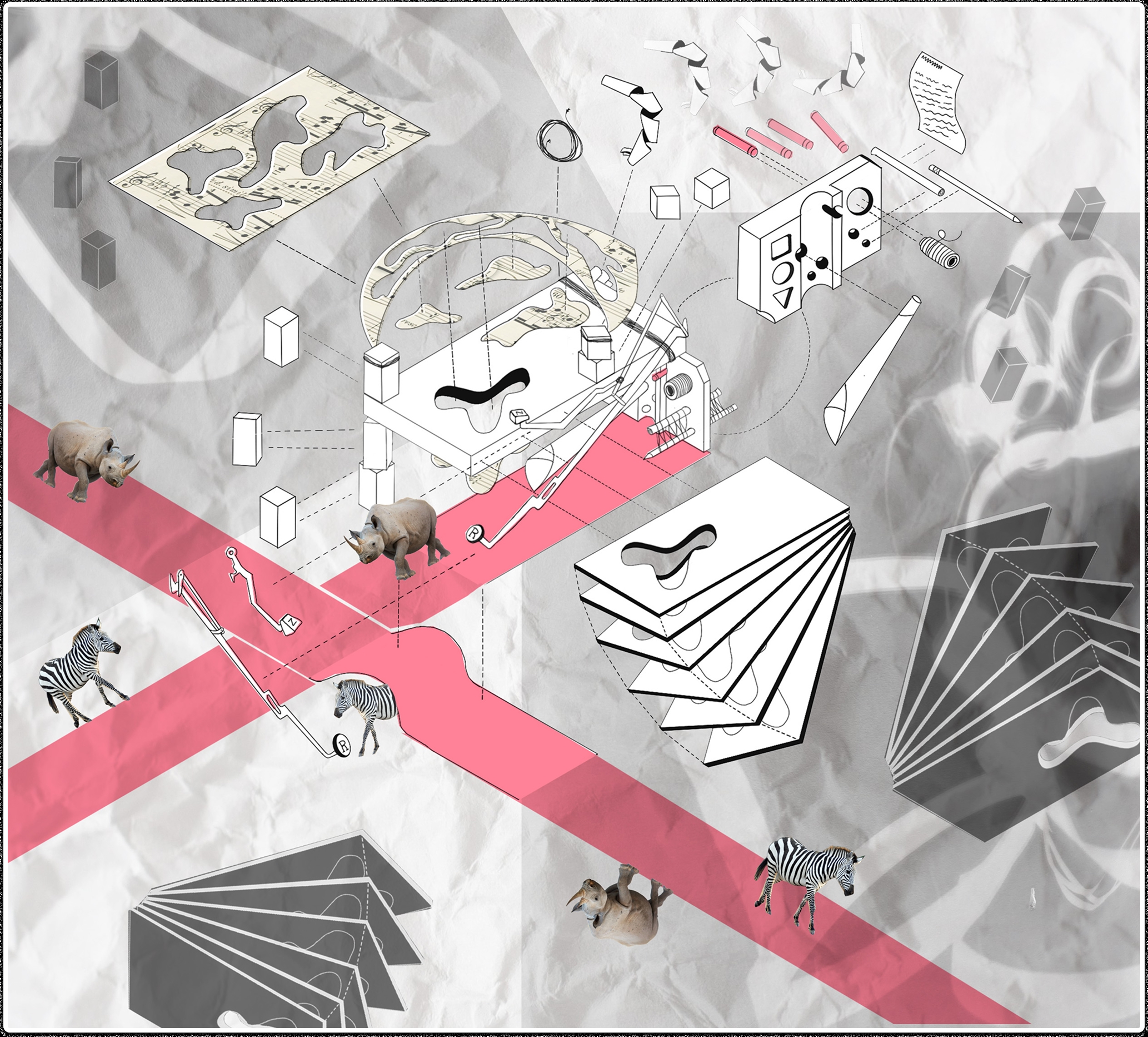 Collage-style axonometric drawing with layered architectural elements, animals, and red pathways over a textured background.