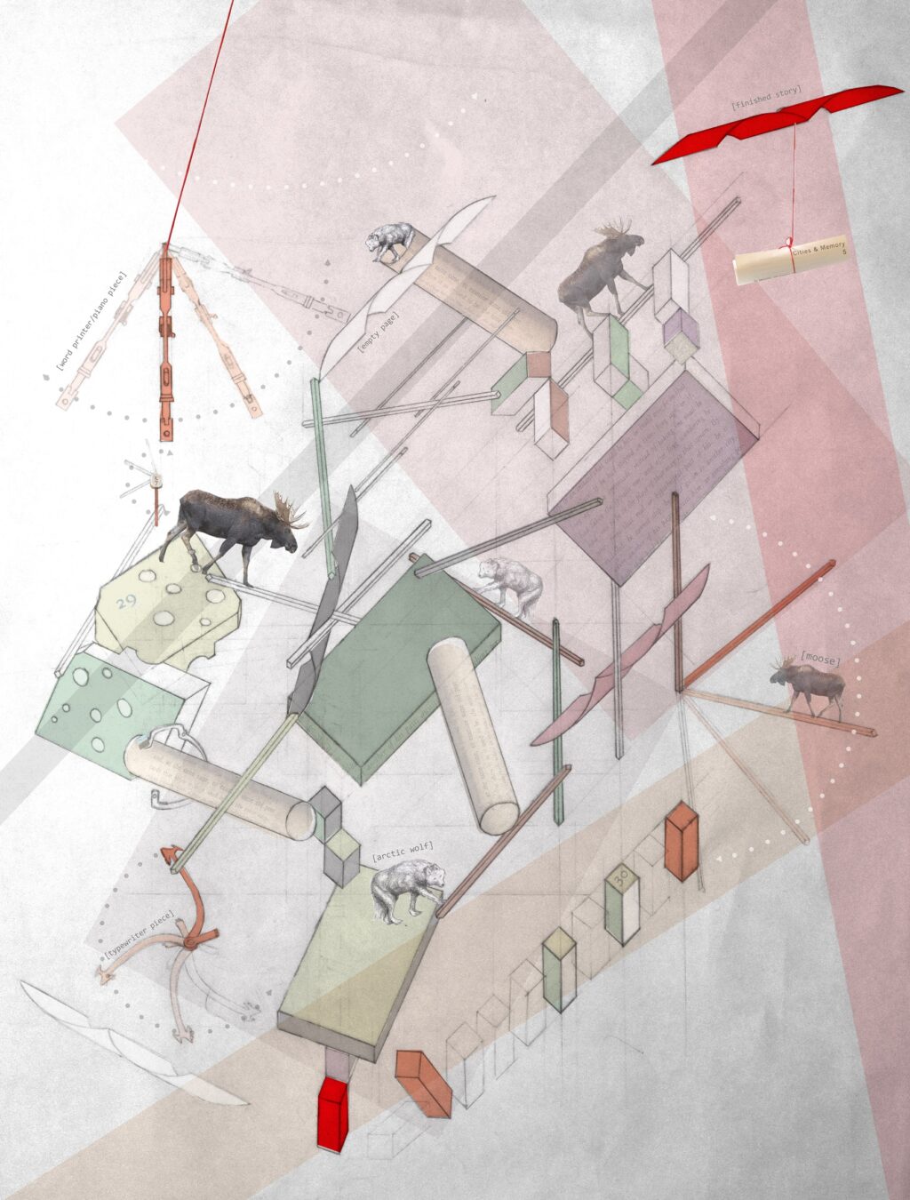 A detailed axonometric drawing with geometric blocks, scattered animals, and overlapping colored translucent shapes.