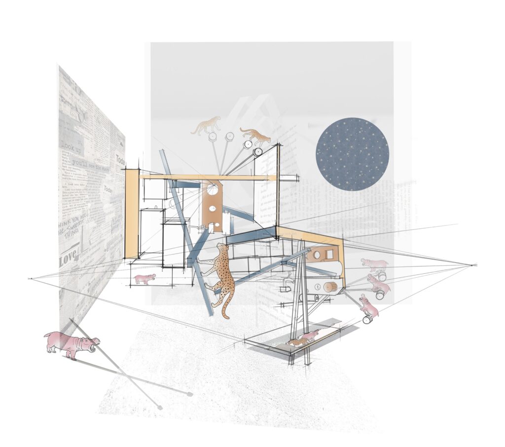 Collaged architectural perspective drawing with animal cutouts, structural lines, and layered textures on a pale background.