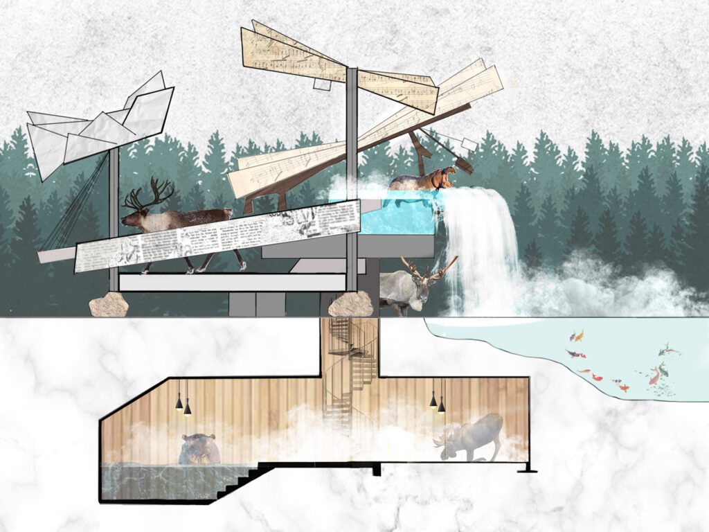 Architectural section showing animals on platforms, a waterfall, and interior spaces with textured walls and lighting.