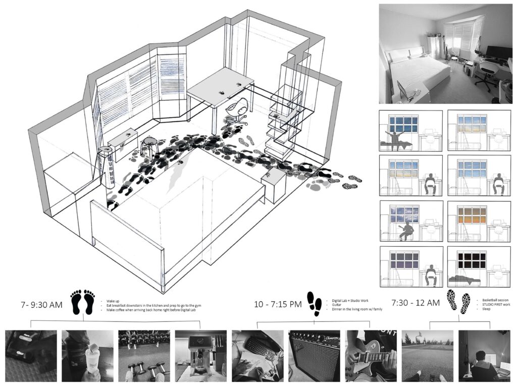 Black footprints trace daily movement across a bedroom axonometric drawing, with timelines, photos, and window diagrams.