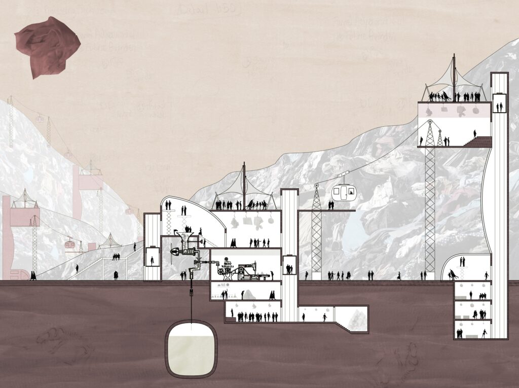 Section drawing of mountain landscape with cable cars, buildings, and underground spaces filled with silhouettes of people.