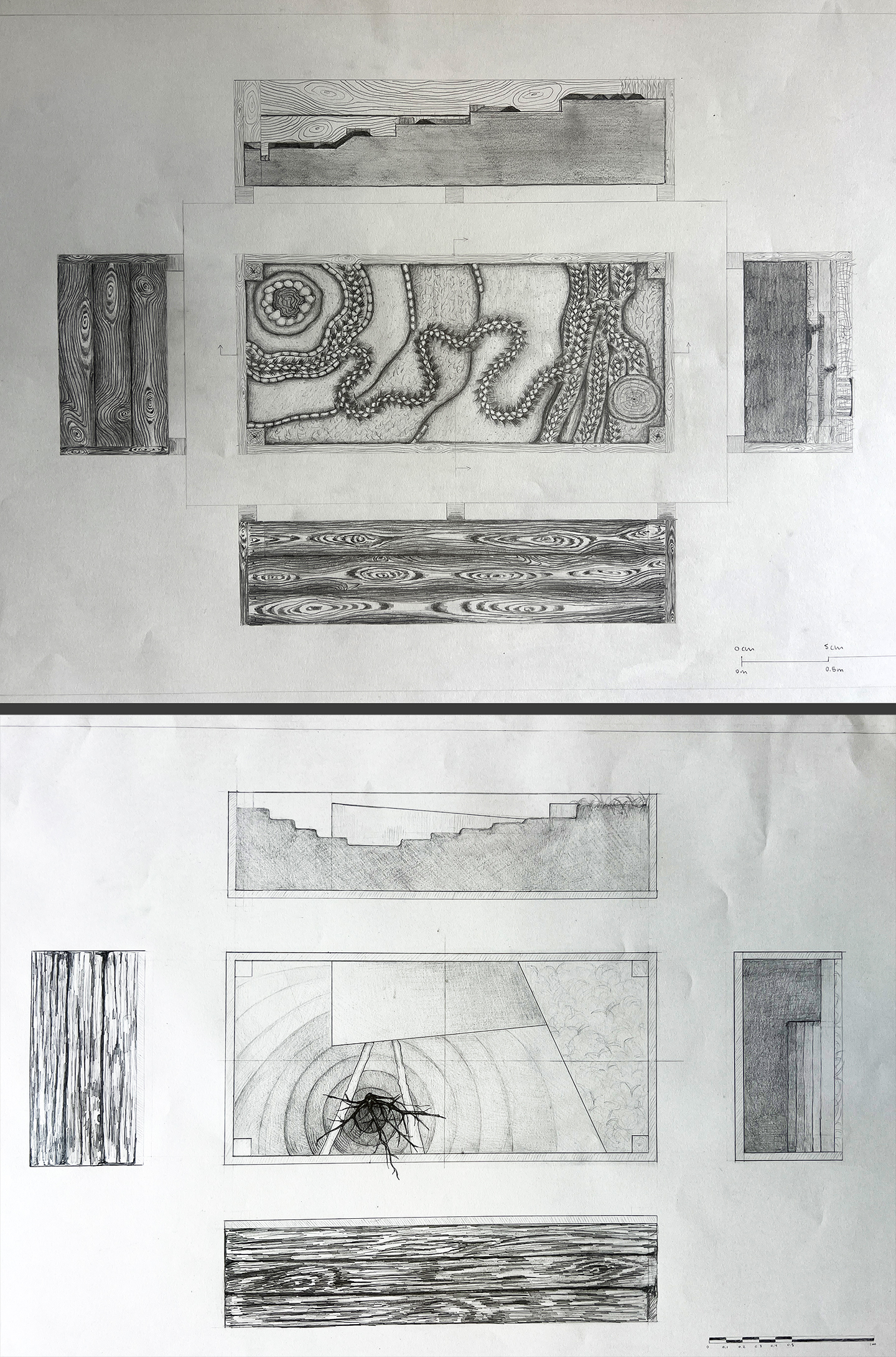 Two hand-drawn architectural planters in plan, section, and elevation