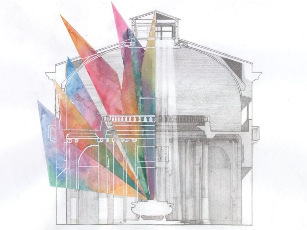 Section drawing of a domed building interior with colorful light beams radiating to the left from a central point.