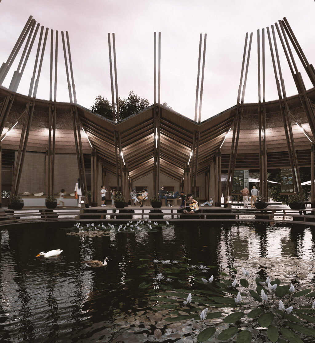 A rendering of people seated inside a timber pavilion over a shallow pond.