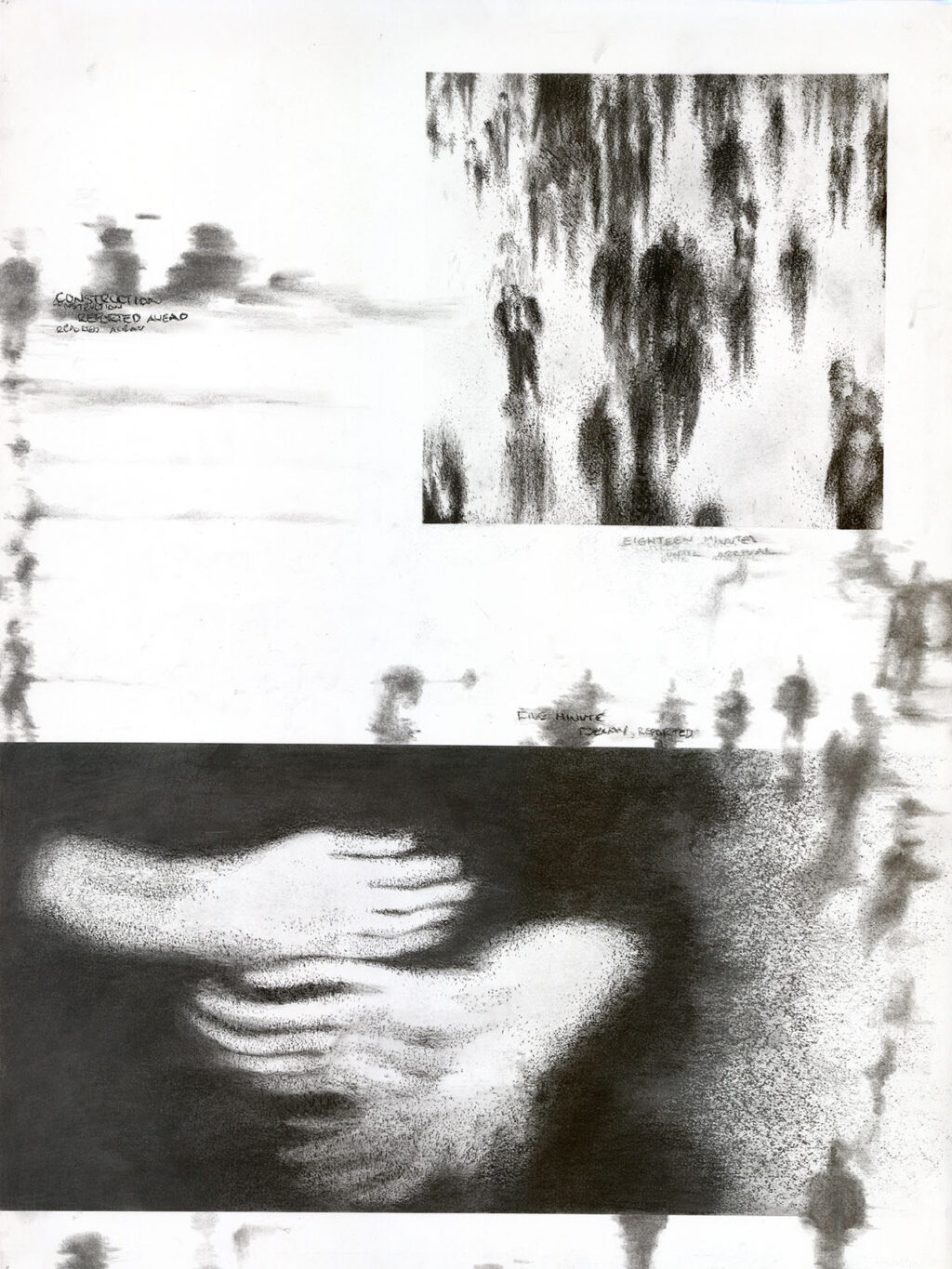 Charcoal drawing of blurry human figures and overlapping hands in motion.