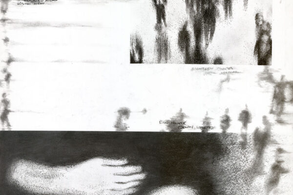 Charcoal drawing of blurry human figures and overlapping hands in motion.