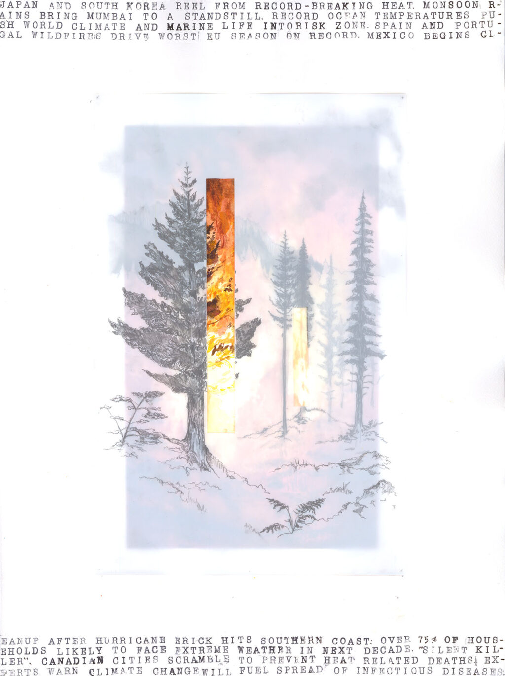 Illustration of a forest overlaid with vertical strips of wildfire and climate-related news text above and below.