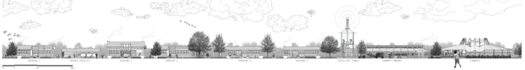 Architectural section of a village with various buildings and trees.