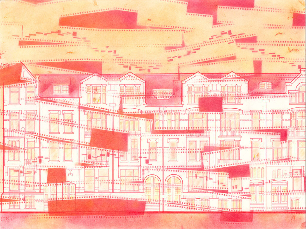 Pink-toned drawing of Amsterdam row houses layered with translucent film strips and red geometric shapes.