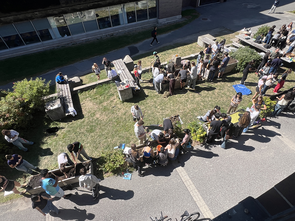 Top-down view of students working in groups on outdoor planters