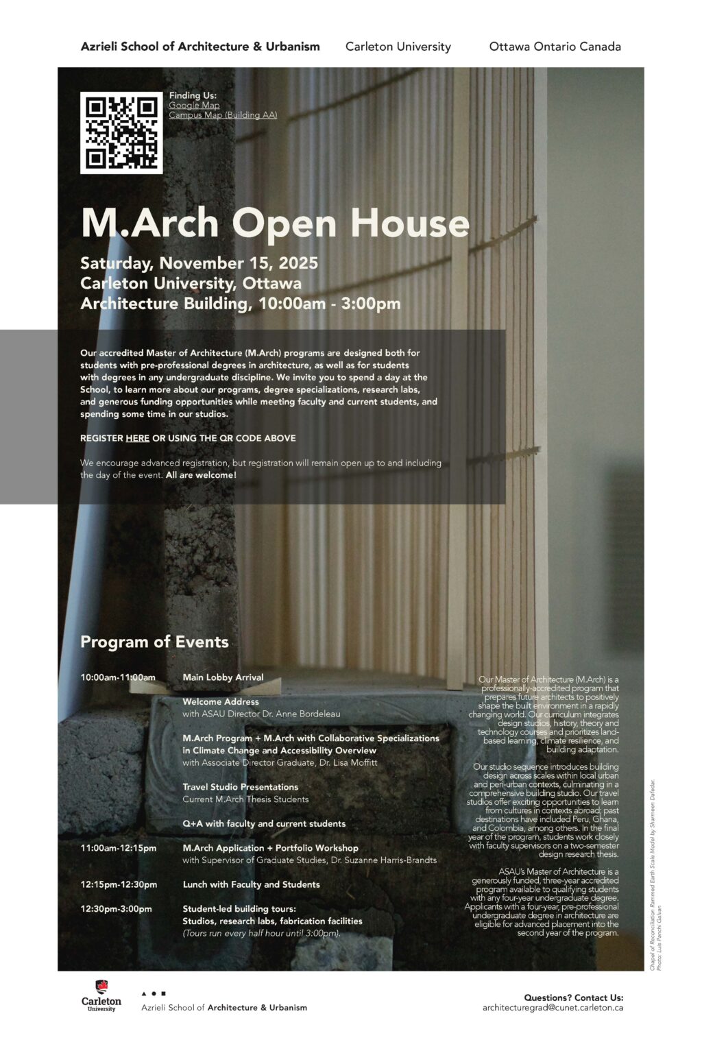 Poster for M.Arch Open House showing event details, schedule, and background image of an architectural model.