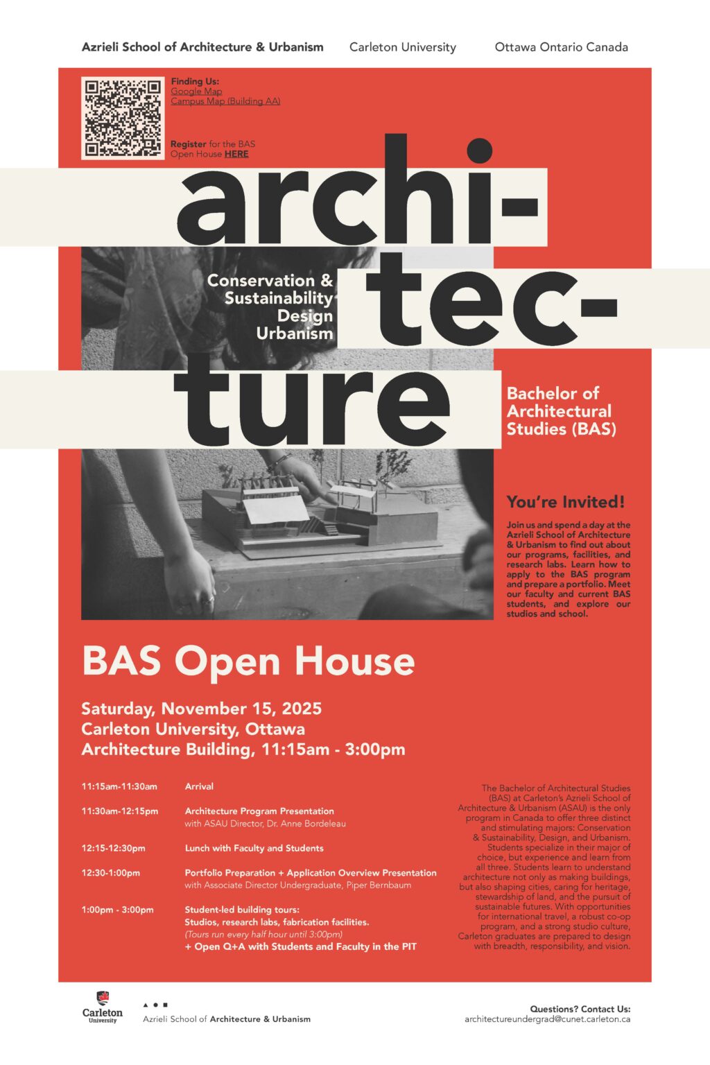 Poster announcing BAS Open House with date, schedule, and image of students in a grassy courtyard.