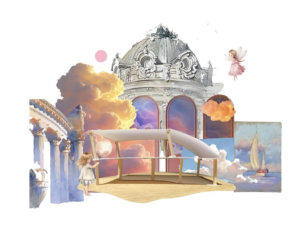 Collaged architectural fantasy scene with clouds, dome, arch, child figure, and a physical model at the center.