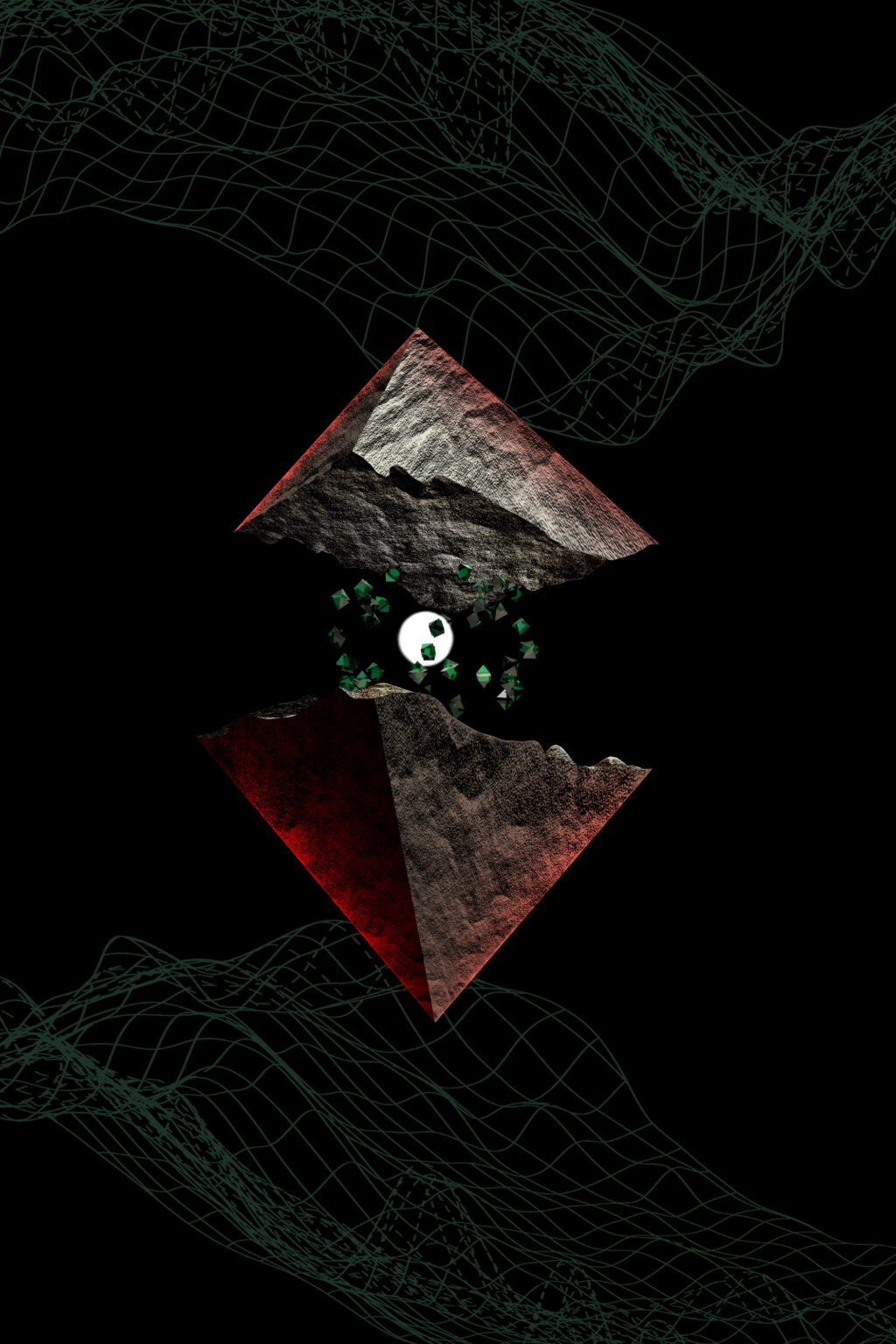 Textured pyramidal form split open, revealing a glowing sphere and floating green cubes suspended in a dark space.