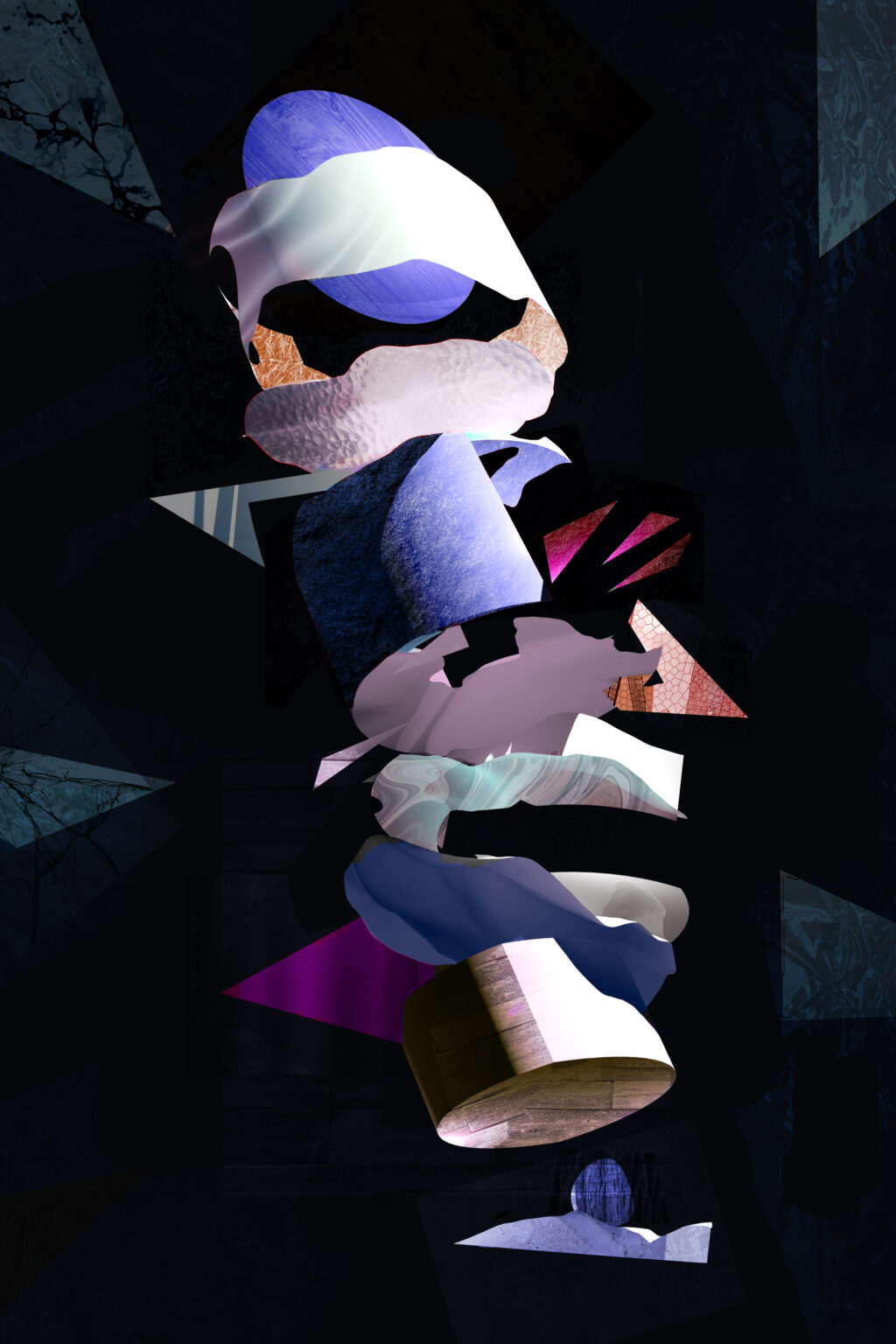 Collage of abstract textured forms stacked vertically on a dark background.